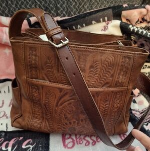 TEXIAN LEATHERS BRAND Brown Tooled Leather Shoulder Bag